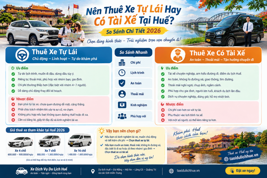 Nên thuê xe tự lái hay có tài xế tại Huế? So sánh chi tiết 2026